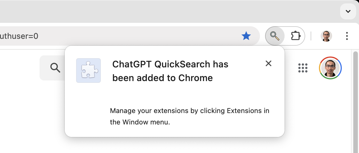 ChatGPT QuickSearch Extension in Chrome Toolbar